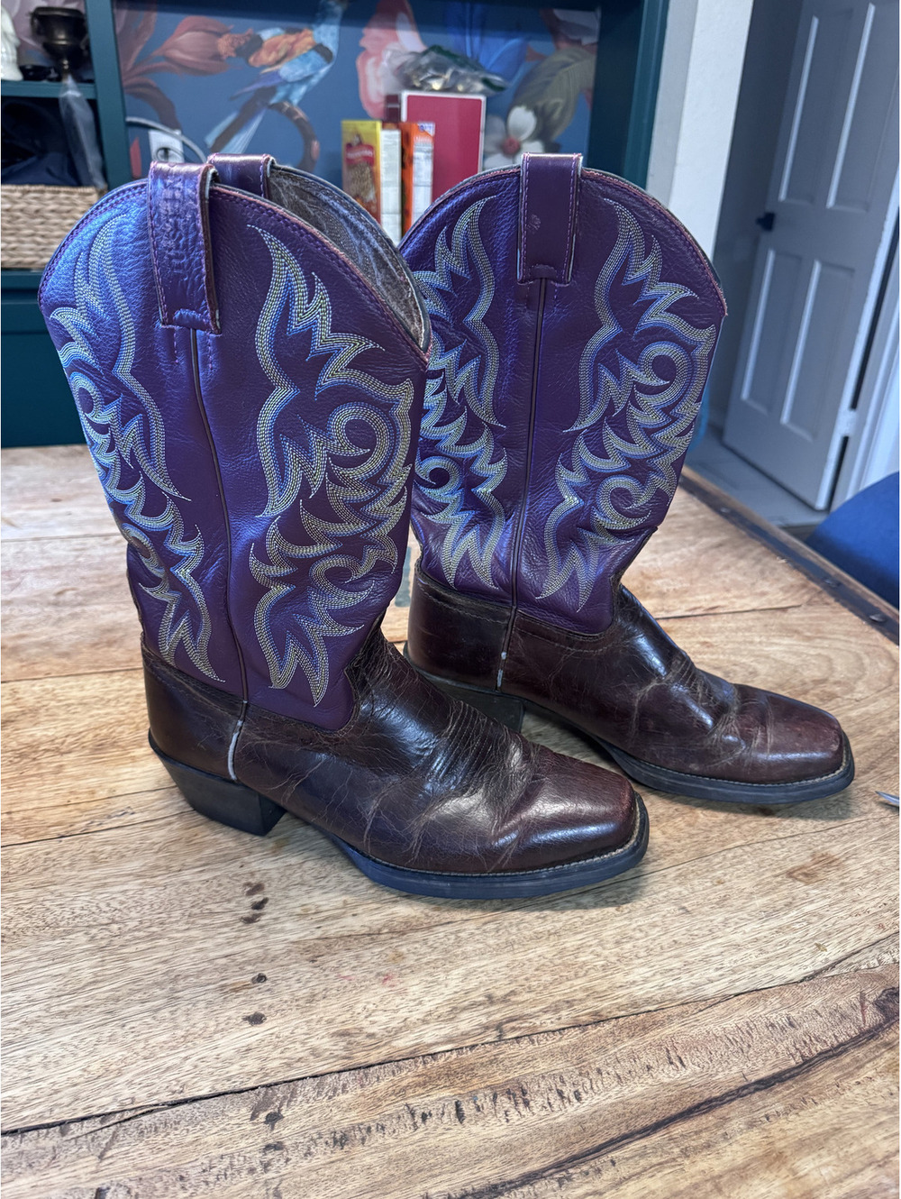 Women Justin 9.5 Vintage Purple & Brown Square-Toe Cowboy Boots